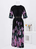 Floral Print Pleated Fashion Dress Women Round Neck Belt Loose Long Dresses