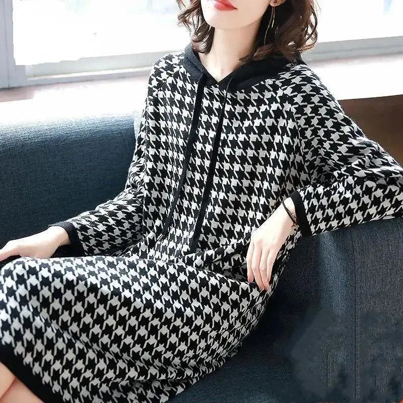 Houndstooth Print Elegant Hooded Dresses for Women Autumn Casual Streetwear Pockets Loose Long Sleeve Midi Dress