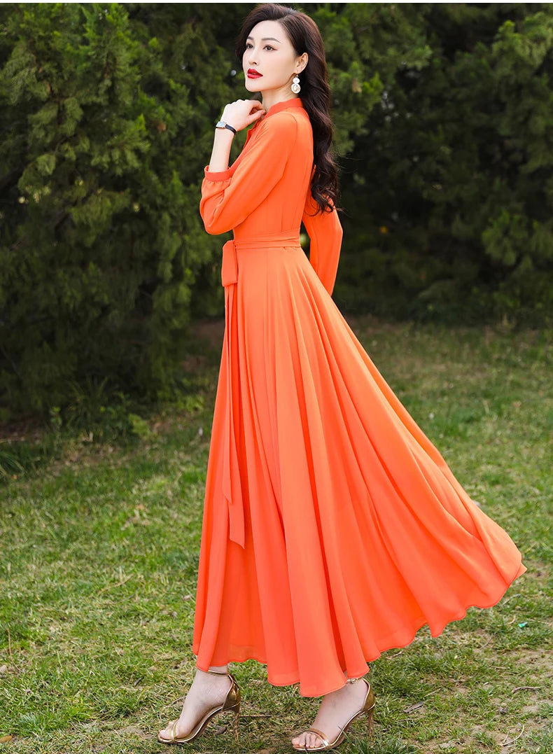 SD30 New High Quality Women's Summer  Orange Long Sleeve Chiffon  Maxi dress with full linning boho dress  dresses  women dress