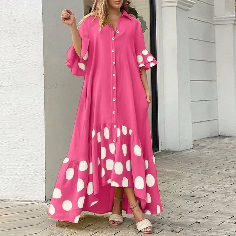 VONDA Bohemian Dress Women Ruffle Printed Maxi Long Dress Fashion Button Polka Dot Patchwork Sundress Casual Loose Vestido