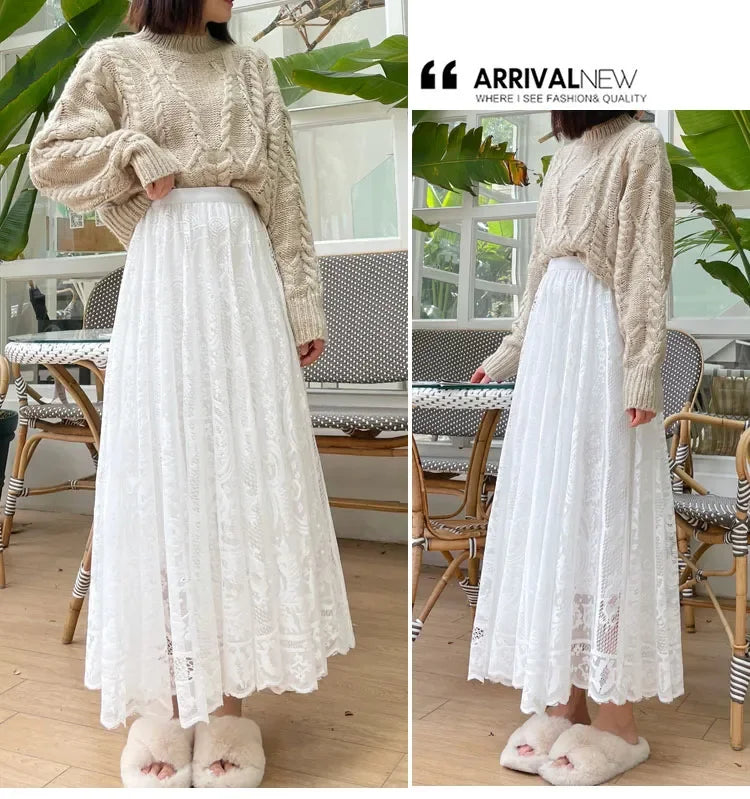 Vintage Women's Lace Crochet Umbrella Long Skirts Bohemian High Waist Hollow Out Female Maxi Skirts Spring Summer