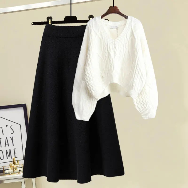 Winter New Cartoon Printed Knitted Sweater Pullover Slim Fit Knitted Skirt Two Piece Elegant Women's Party Dress