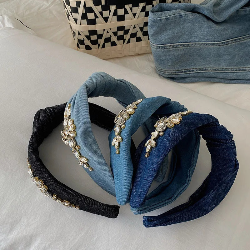 New Crystal Diamonds Headband for Women Fashion Denim Fabric Hairband Top Bow Knotted Wide Head Band Women Hair Accessories