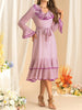 Women's Elegant Purple Plaid Dress Flare Sleeved Ruffles Lace Up Dress