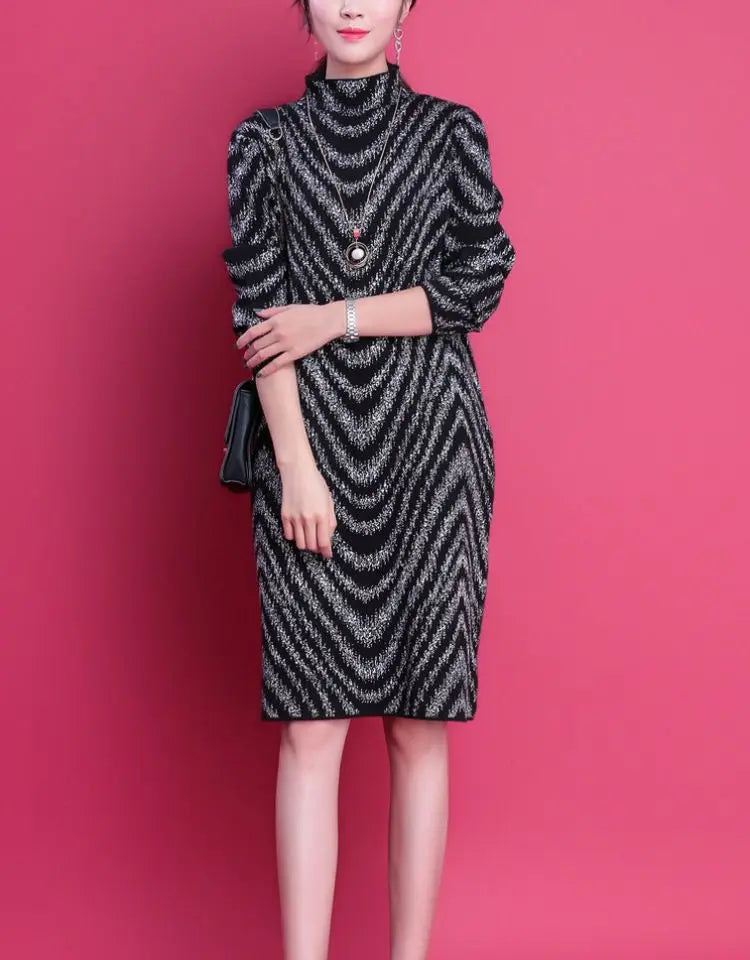 Women Fashion Elegant Striped Fleece Thick Basic Midi Dress Casual Half High Collar Long Sleeve Loose Dresses