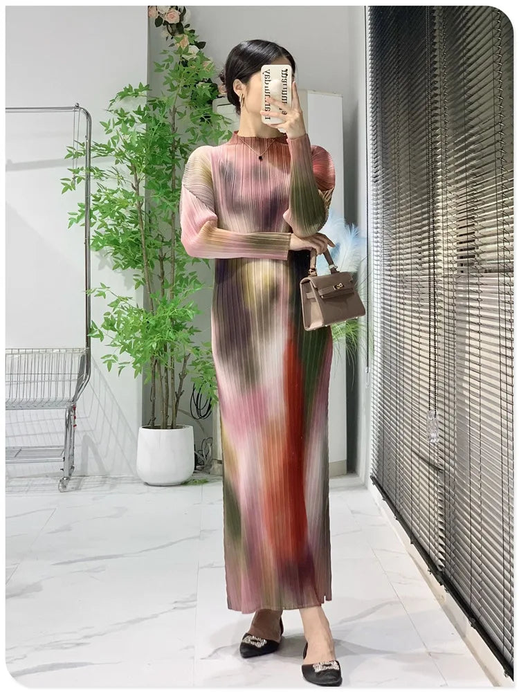 High-end Miyake Pleated Dress Women's Mid-length 2024 Spring and Summer New Gradient Color Smudged Luxury High-end Skirt