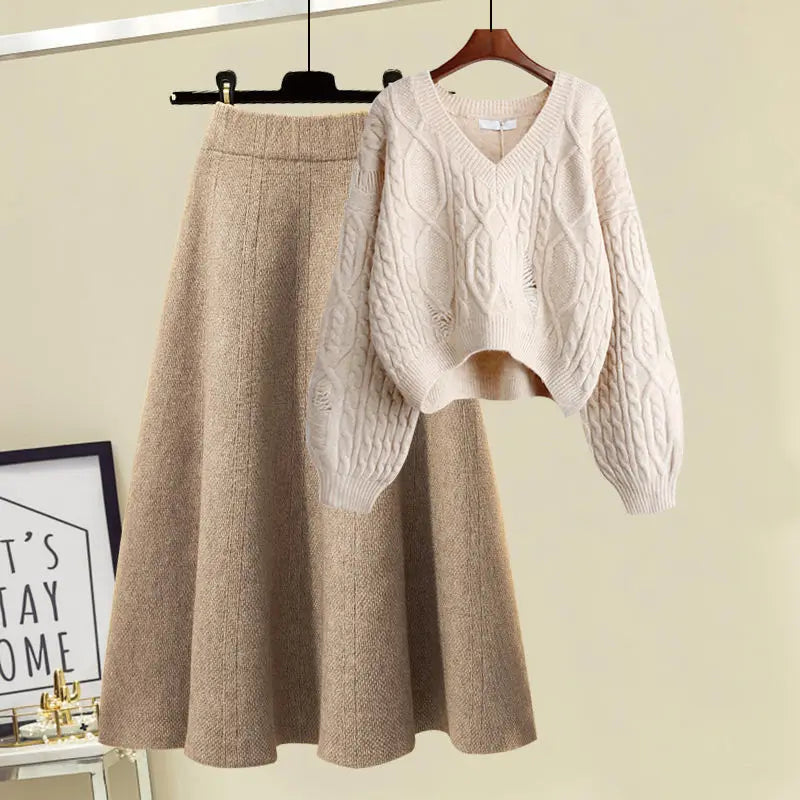 Winter New Cartoon Printed Knitted Sweater Pullover Slim Fit Knitted Skirt Two Piece Elegant Women's Party Dress