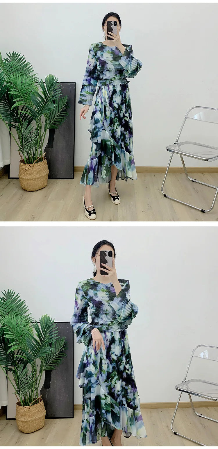 Ruffles Pleated Dress Women Contrast Color Print Long Sleeves Dresses Fashion