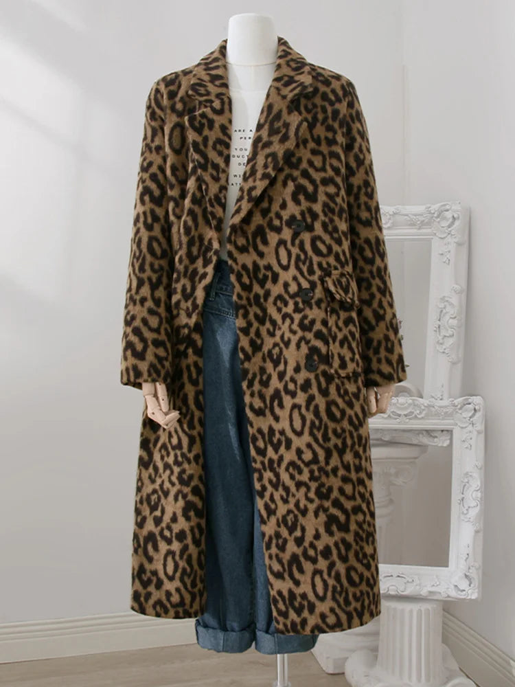 LANMREM 2024 Leopard Print Medium Length Woolen Coat For Women Winter Warm Wear Niche Design Loose Clothing Streetwear 32A391