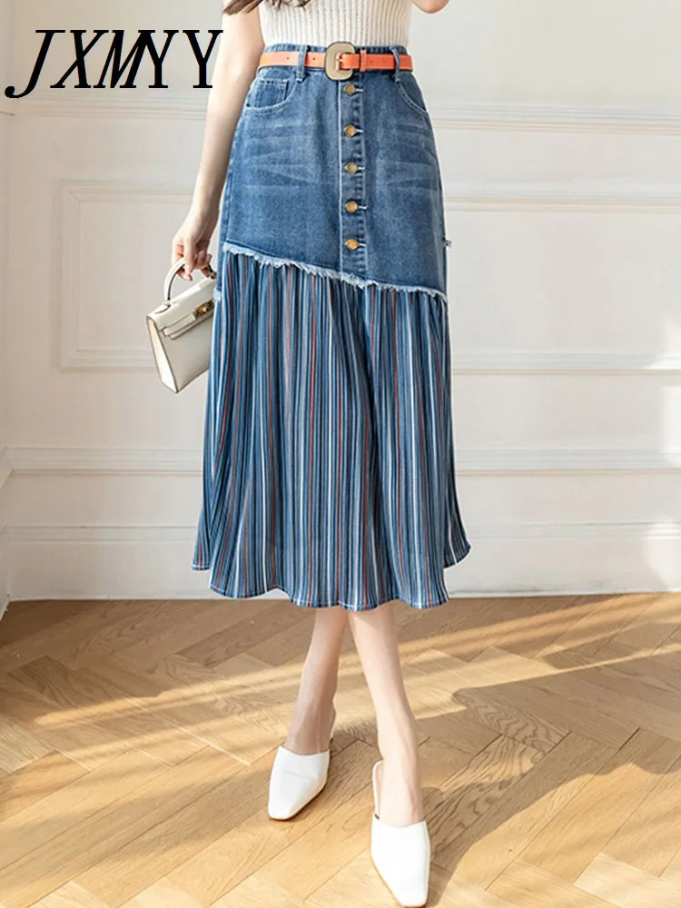 JXMYY 2024 Spring And Autumn Fashion New Large Size High Waist All-Match Women's Denim Skirt Stitching Midi Skirt