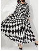 Pleated Maxi Long Dress Fashion Printed Long Sleeved O-Neck Pullover Waist Retraction Dresses for Women