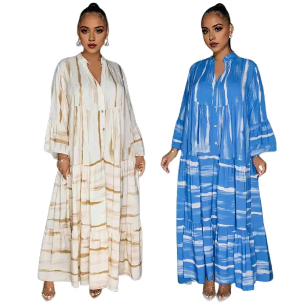 Women Printed Dress Bohemian Style Maxi Dress with Long Horn Sleeves V Neck Printed Patchwork Design A-line for Vacation