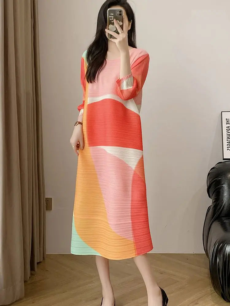 Mid length pleated dress, summer age reduction, oversized, stylish, loose printed, slimming women's dress