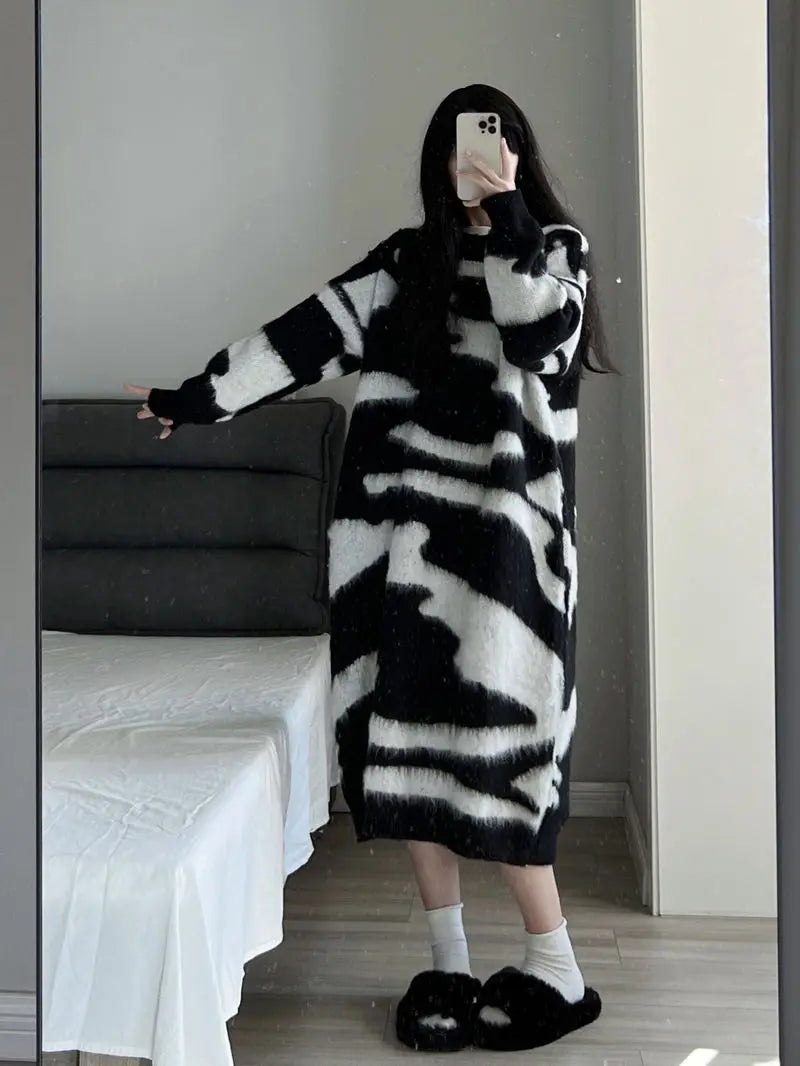 Long Sleeve Dresses Women Lazy Style Midi Knitted Chic Mink-fleece Panelled Korean Fashion Autumn Winter Prevalent Cozy Gentle