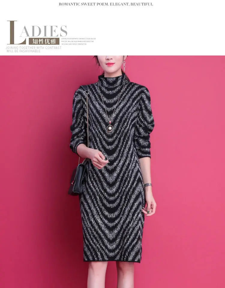 Women Fashion Elegant Striped Fleece Thick Basic Midi Dress Casual Half High Collar Long Sleeve Loose Dresses