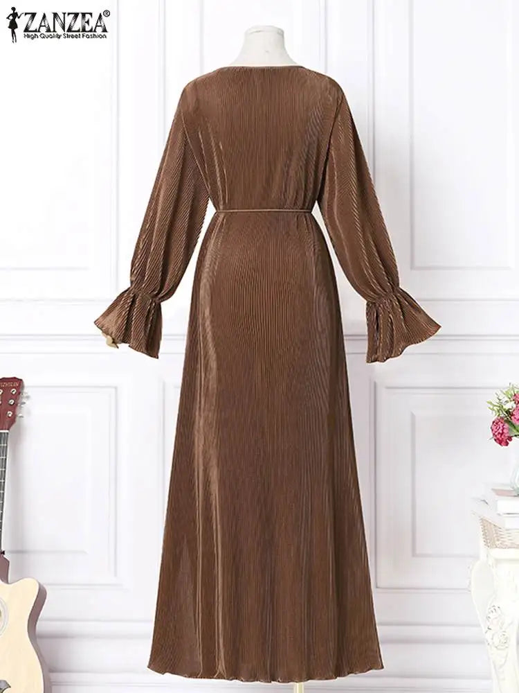 ZANZEA Elegant Fashion Women Maxi Sundress 2024 Autumn Long Dress Casual Pleated Long Sleeve Solid Color Party Vestidos Robe