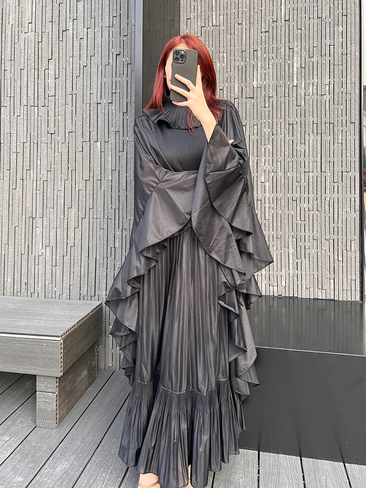 Miyake Pleated Spring Women's Long Irregular Dress Loose and Slim Solid Color Heavy Work Pleated Western Style Women's Dress