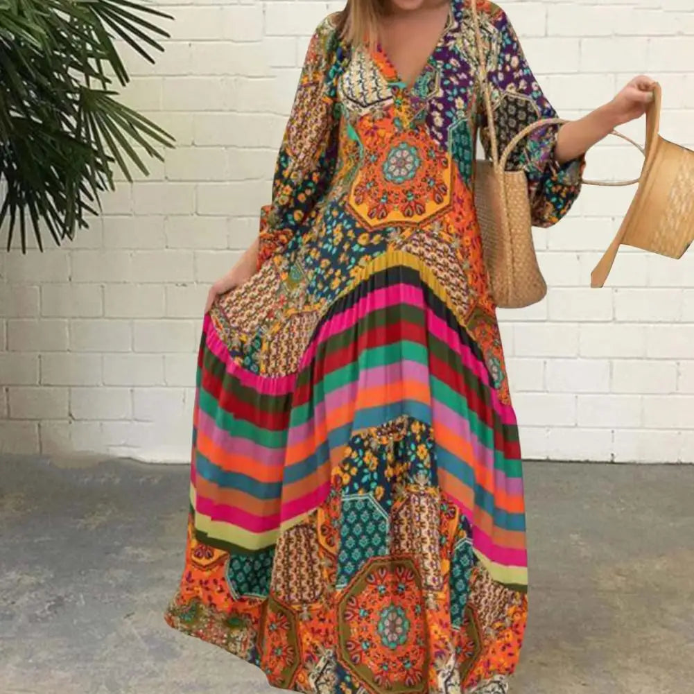 Charming Long Dress V-Neck Comfortable Retro Ethnic Print Large Hem Beach Long Dress  Anti-fade Maxi Dress Female Clothes