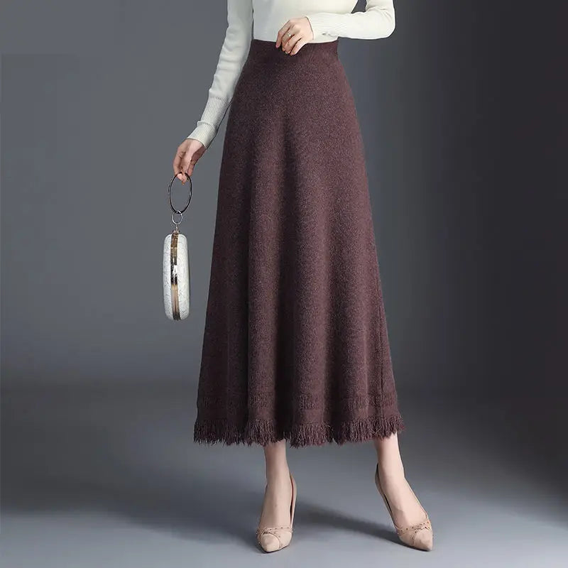 Autumn Winter New Women Long High Waist A-line Skirts Female Loose Big Swing Skirts Ladies Solid Color Knitted Skirt