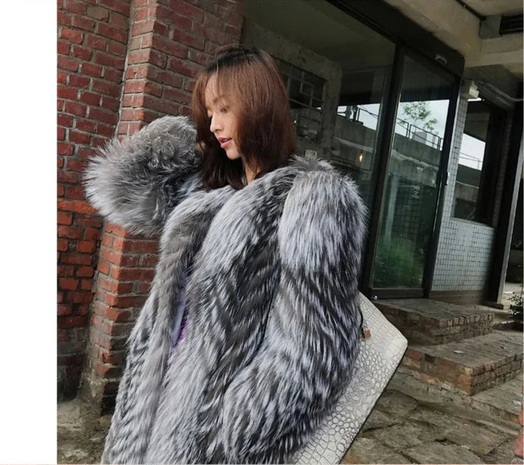 Silver Fox Fur Trench Coat Women's Thick Warm Winter Clothes Faux Fur Coat Long Fluffy Jacket Furry Outerwears Female Overcoat