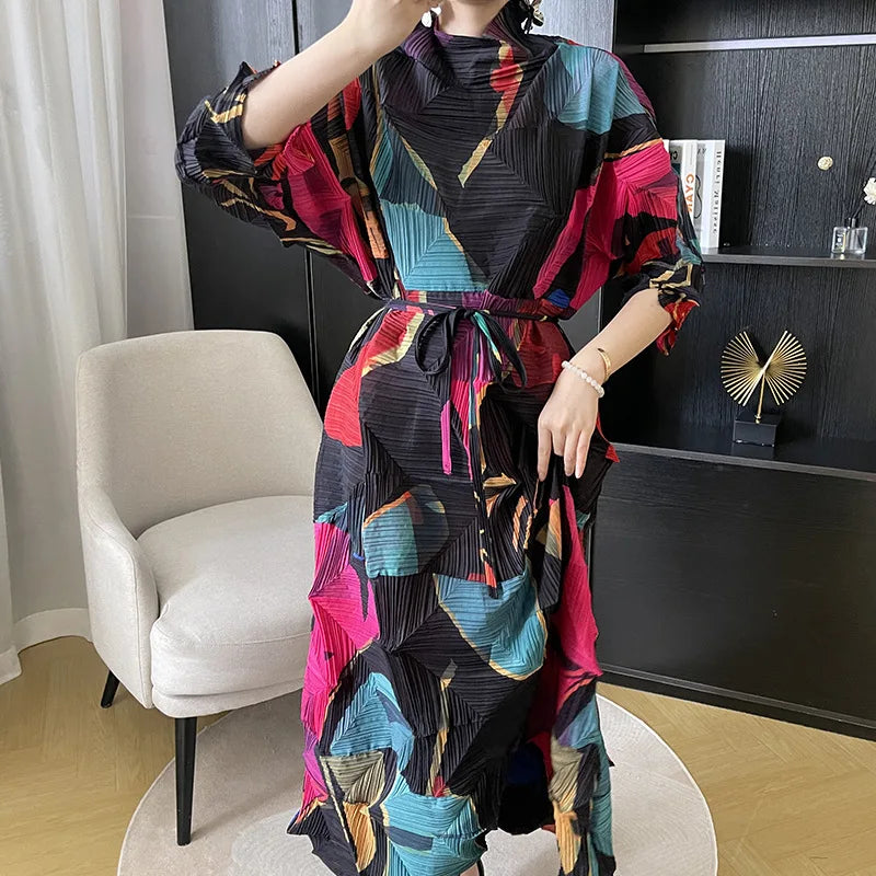 Miyake Pleated Autumn New Print Diamond Pleated Dress Women's 3/4 Sleeve Lace Up Loose Straight Length Dress