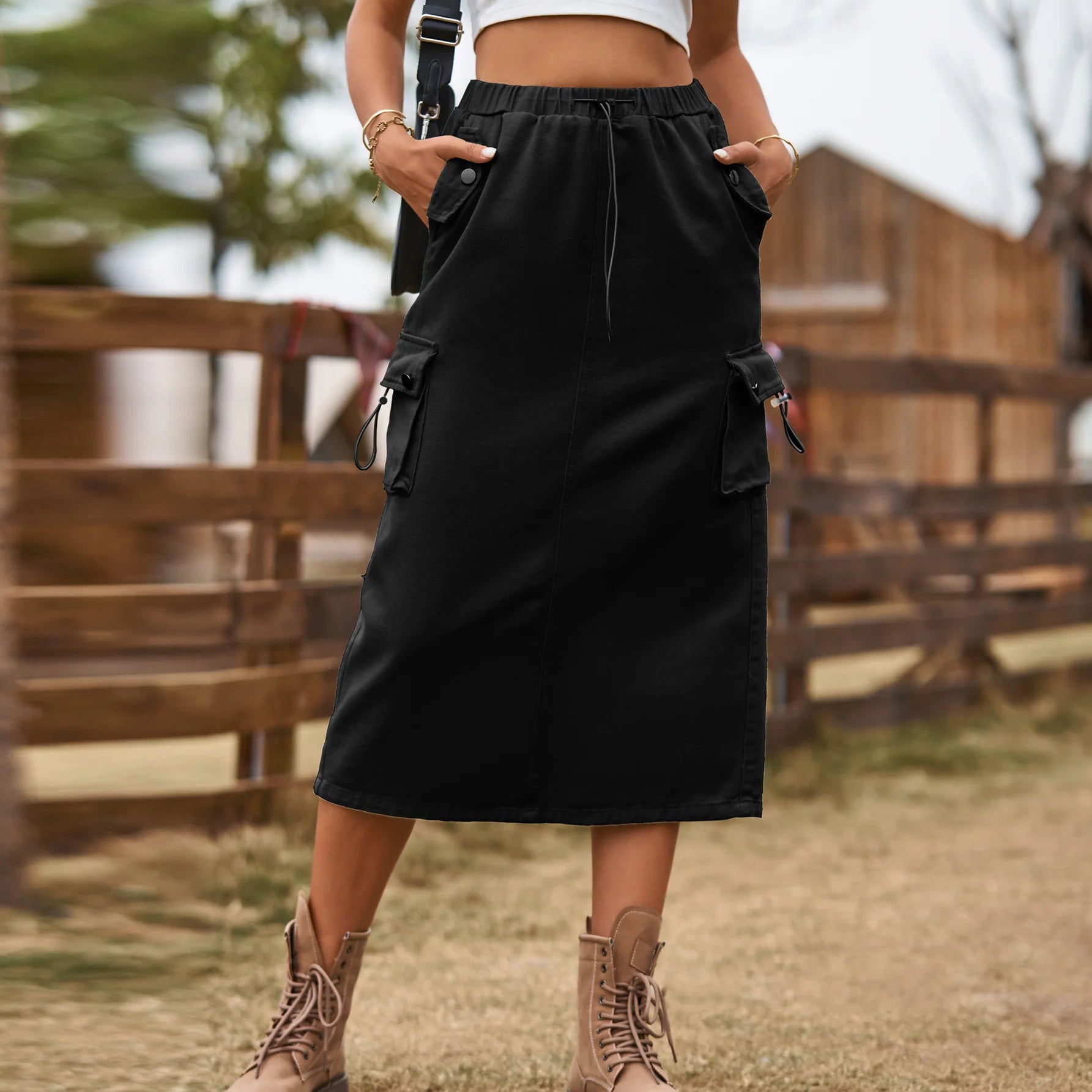 Denim Midi Skirts Women Cargo Hipster Vintage Loose Hot Girls Fashion Half Dress With Pockets Streetwear Back-slit Drawstring