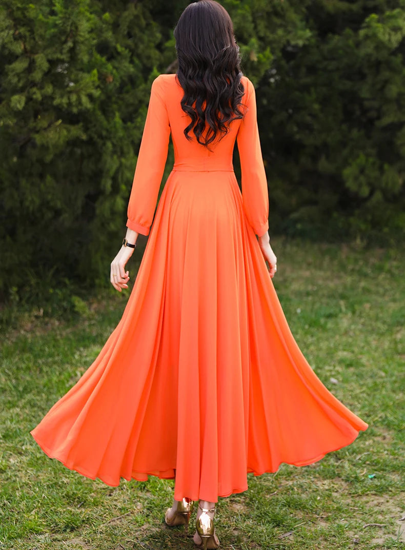 SD30 New High Quality Women's Summer  Orange Long Sleeve Chiffon  Maxi dress with full linning boho dress  dresses  women dress