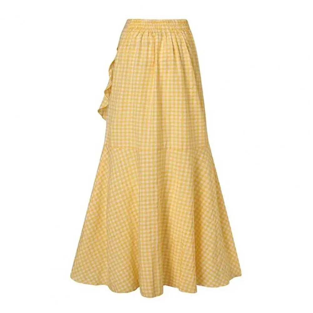 Breathable Skirt Elegant Lace-up Ruffle Trim Maxi Skirt with Plaid Print Bow Tie Detail High Waist Irregular Hem Skirt for Women