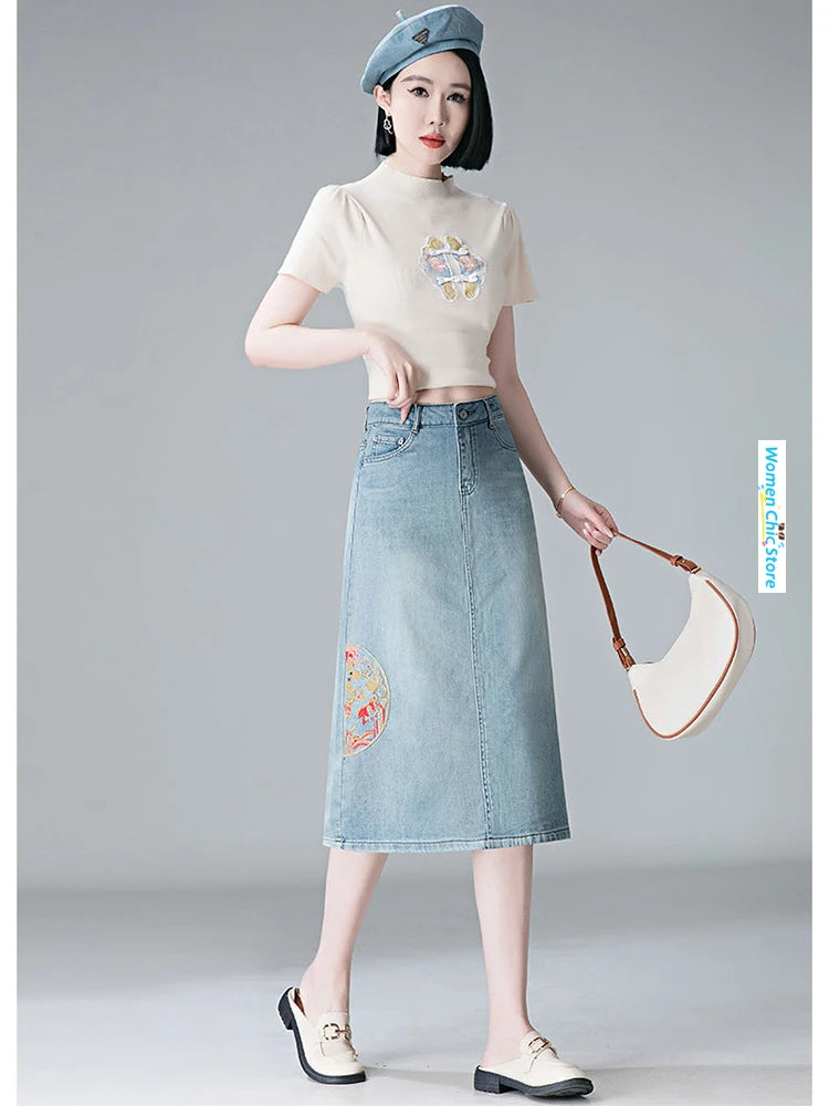 Embroidery High Waist A-line Denim Skirt  Women Elegant Chic Slim Fit Plus Size Midi Skirts