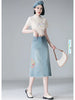 Embroidery High Waist A-line Denim Skirt  Women Elegant Chic Slim Fit Plus Size Midi Skirts