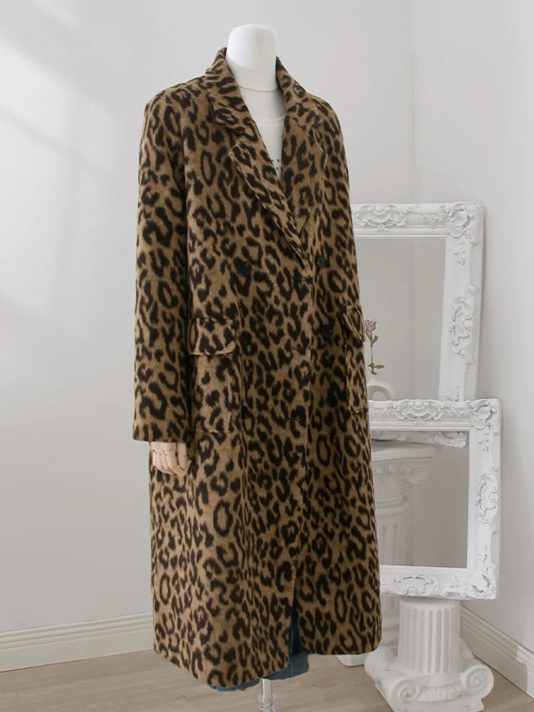 LANMREM 2024 Leopard Print Medium Length Woolen Coat For Women Winter Warm Wear Niche Design Loose Clothing Streetwear 32A391