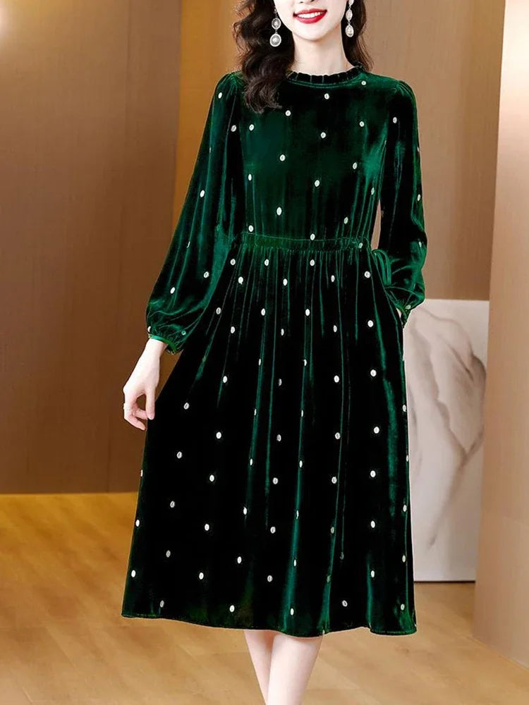 Women Green Polka Dot Velvet Midi Dress Autumn Winter Thick Warm Elegant Casual Dress