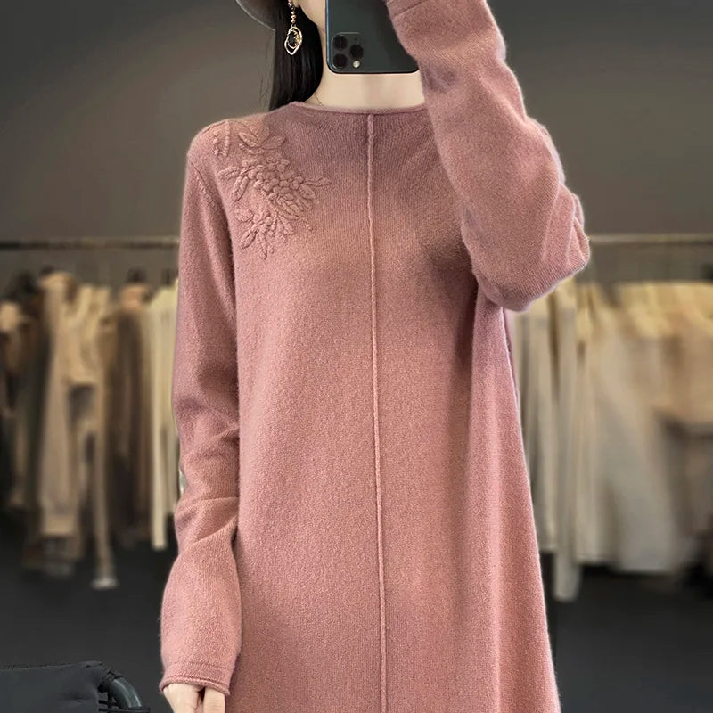 Women's Long Dresses 100% Cashmere and Wool Knit Jumpers, Lady Pullovers,