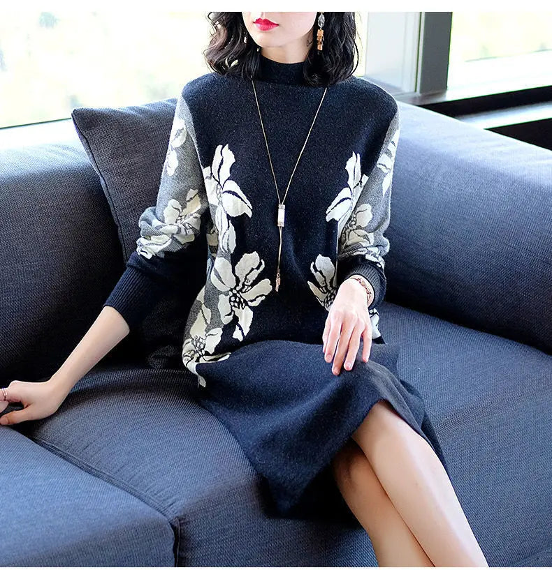 Autumn Winter Half High Collar Vintage Printing Robe Female Loose Casual All-match Dress Women Elegant Fashion Knitting Vestido