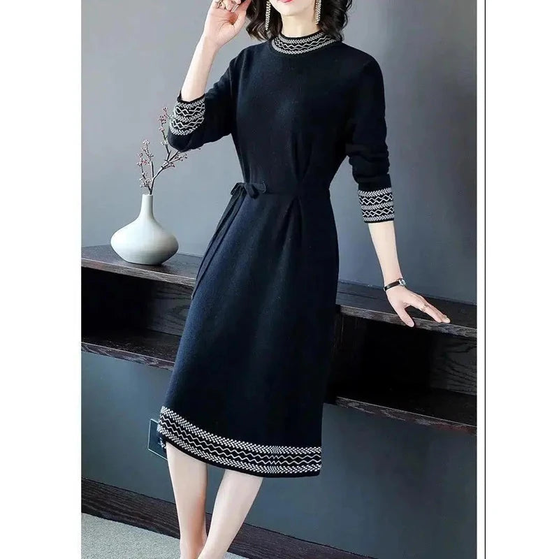 2024 New Year Red Fleece Lace Up Elegant Party Dresses for Women Winter Fashion Patchwork Long Sleeve Midi Dress Slim Vestidos