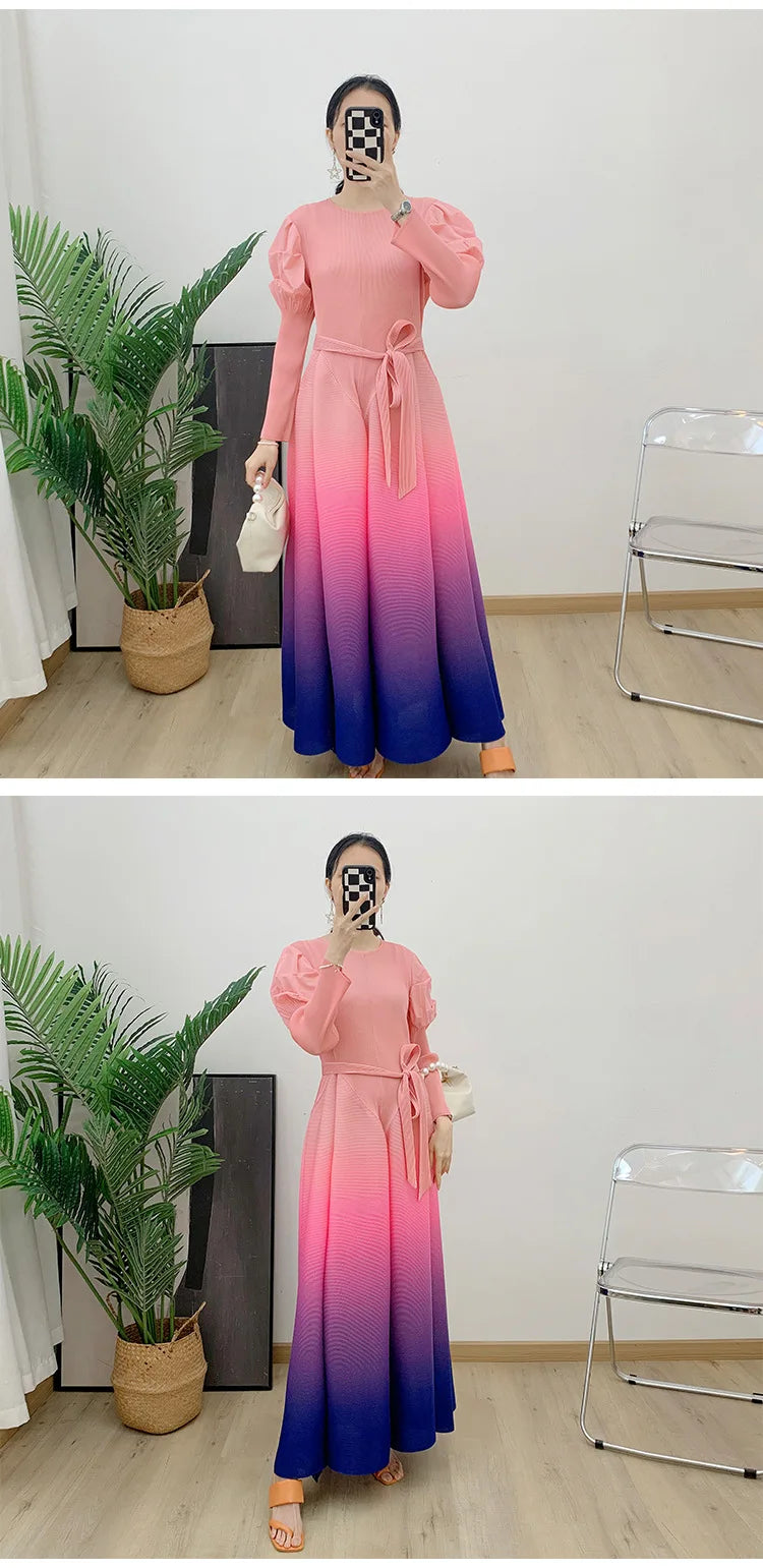 Gradient Pleated Dress For Women Long Sleeves Lantern Style Maxi Dresses 2024 Spring New Female Elegant Clothing 2DA4145