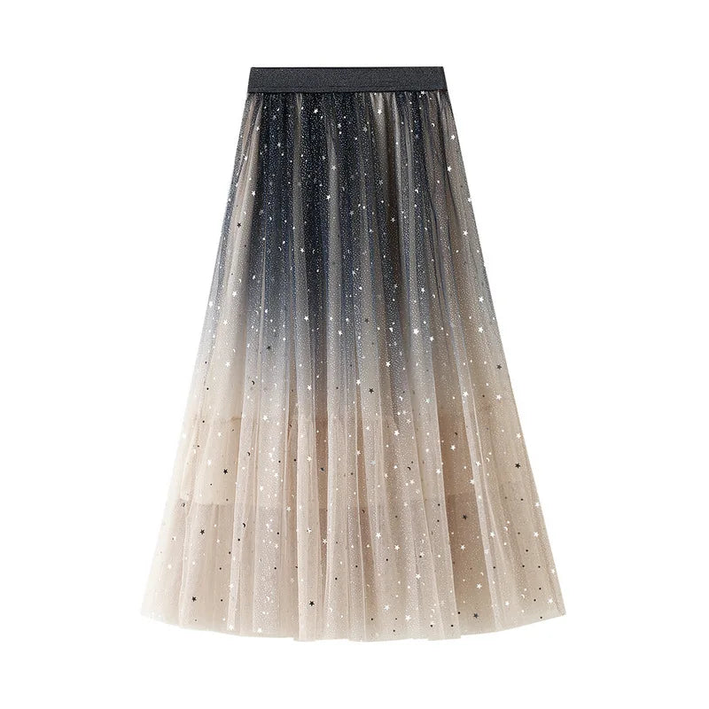 Sweet Embroidered Pleate Tulle Skirt 2024 New Women Spring Summer A-Line Long Skirts High Waist Sequined Planets Mesh Maxi Skirt