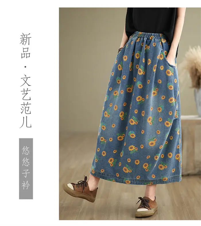 Retro Floral Denim Skirt For Women Autumn 2024 Fashon Printed Elastic Waist Slimming Versatile Bud Skirt Midi Jeans Saias K2229