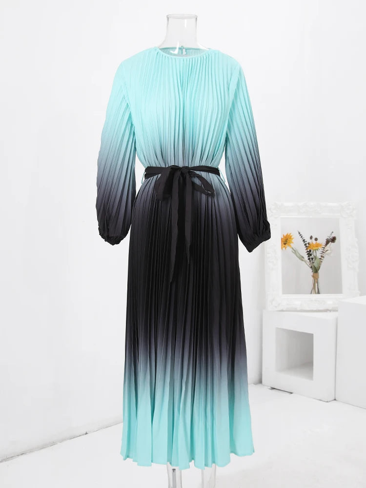 Gradient Pleated Fashion Long Dress Women Contrast Color Belt Gathered Waist Dresses Evening Party 2024 New 32C972