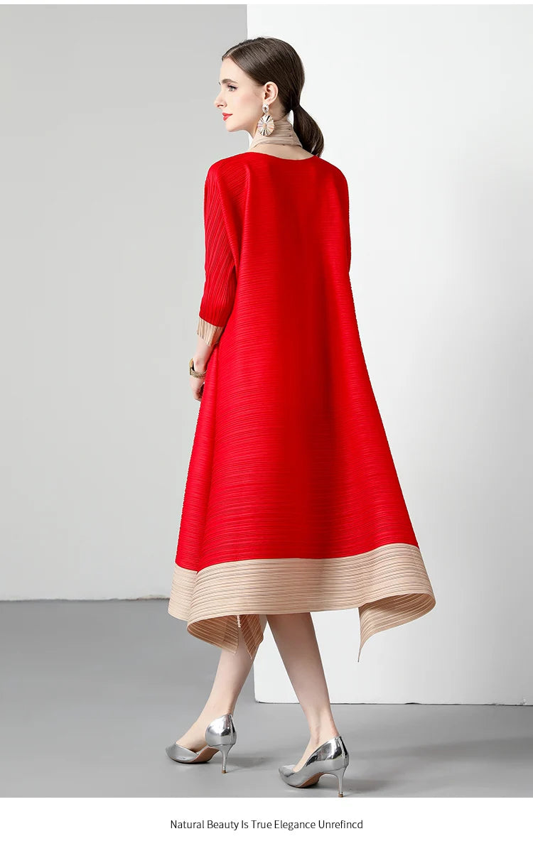 Miyake Pleated Women's Round Neck Oversized Skirt Horizontal Pleated Loose Elegant Knit Dress with Scarf Commuter OL style