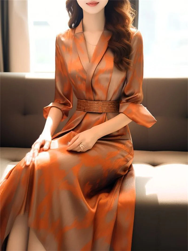 Autumn New Fashion Print Silk Satin Dress Elegant Women's Notched Long Sleeves High Waist Celebrity Party Dresses With Belt 227P