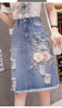 Summer Retro Ripped Hole Embroidered Denim Skirt Female Loose High Waist Three-Dimensional Flower Bag Hip Mid Skirt Women 2023