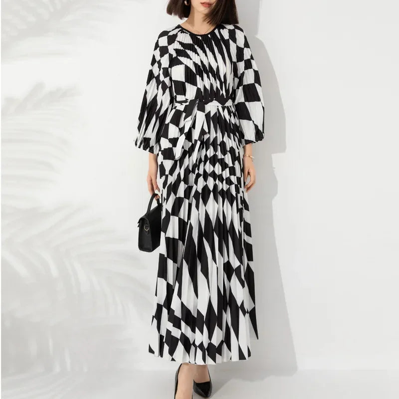 Pleated Maxi Long Dress Fashion Printed Long Sleeved O-Neck Pullover Waist Retraction Dresses for Women