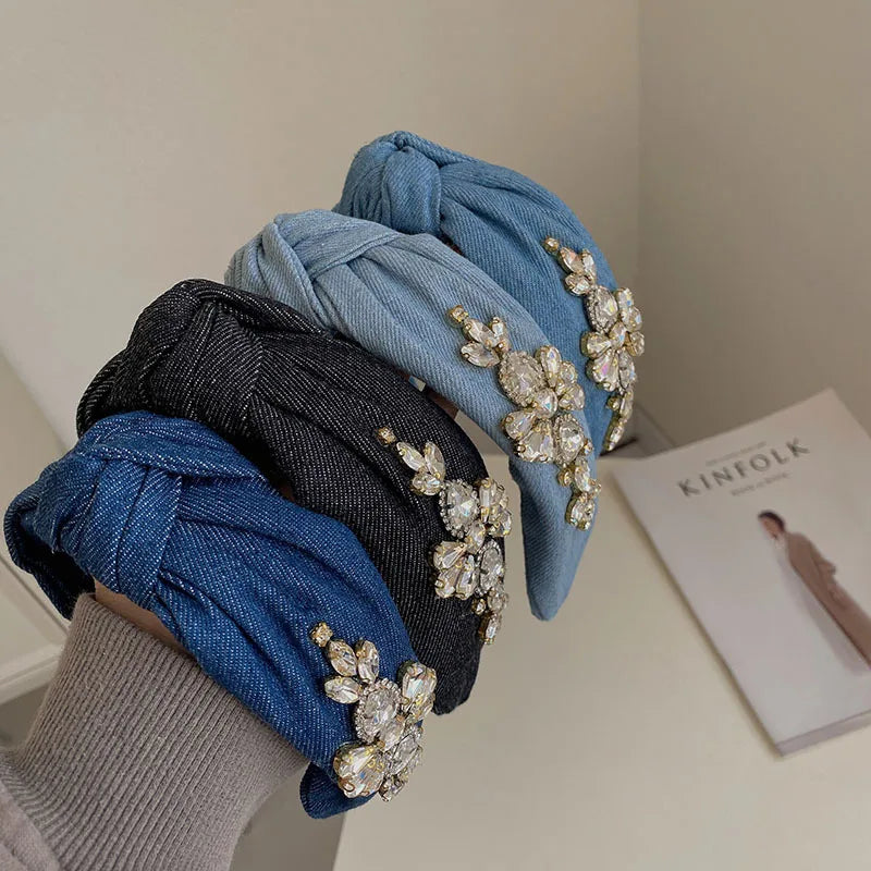 New Crystal Diamonds Headband for Women Fashion Denim Fabric Hairband Top Bow Knotted Wide Head Band Women Hair Accessories