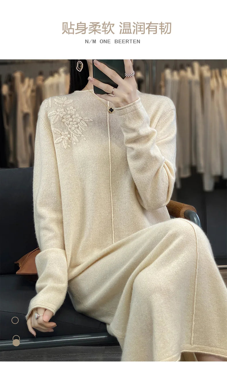 Women's Long Dresses 100% Cashmere and Wool Knit Jumpers, Lady Pullovers,