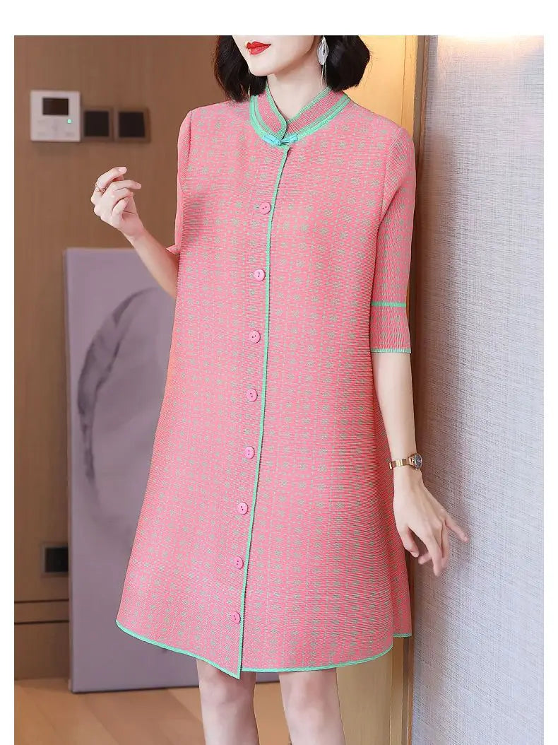 spring summer stand collar simple fashion pleated mini dress female 3/4 sleeve elegant robe women temperament buttons vestidos