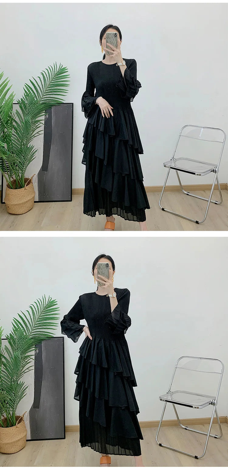 Miyake Spring 2024 Ruffles Pleated Dress Women Long Sleeves Fashion Solid Color High Waist Stitching Dresses Party Clothing New