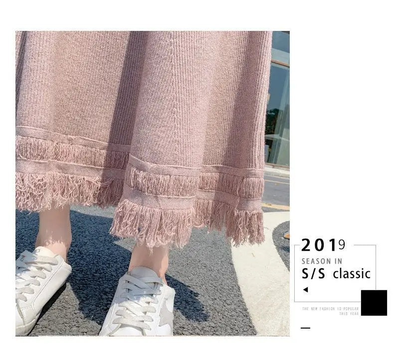 Elegant Tassel Knitted Skirts Midi Length for Women Autumn Winter Warm Thicken A Line Skirt Female Solid High Waist Cozy Skorts