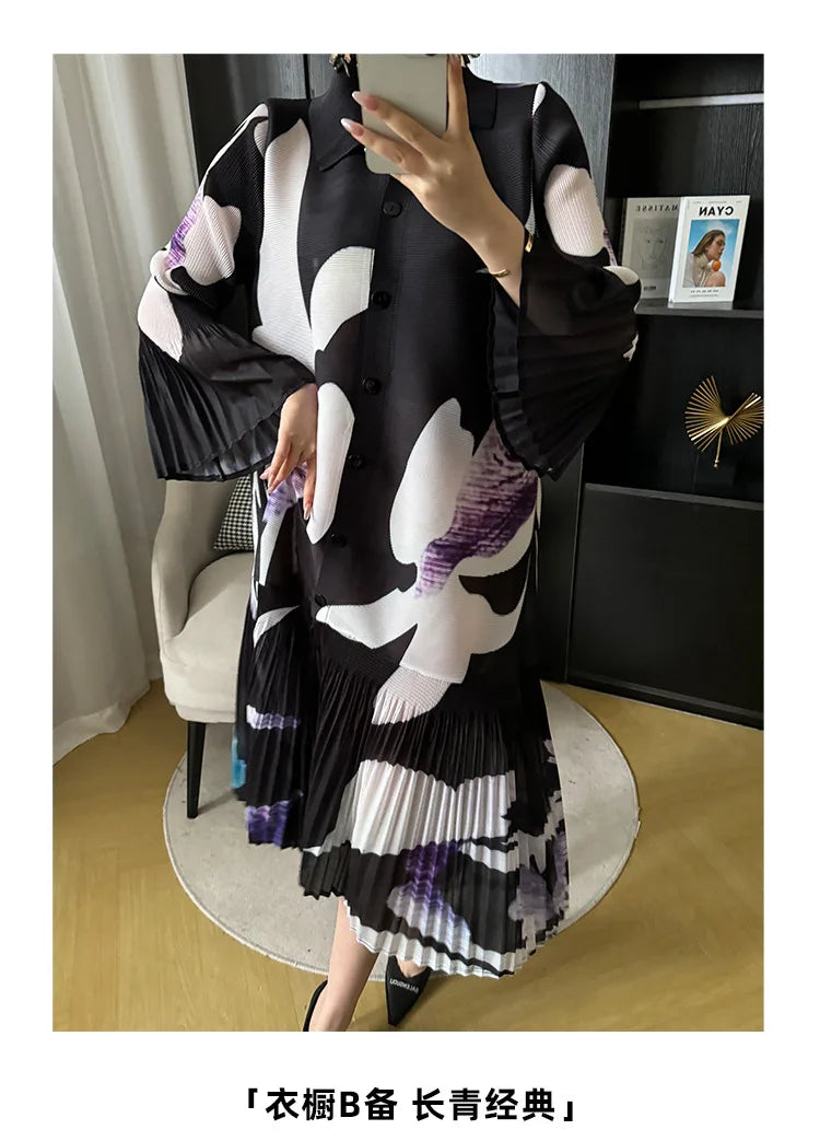 Miyake Pleated Breasted Cardigan 2024 Spring New Women's Printed Lapel and Flower Bud Sleeves Summer Women's Mid Length Dress