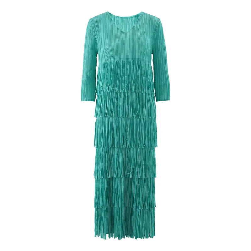 Solid Color Tassel Design Pleated Dress Women  Fashion V Neck Belt Gathered Waist Dresses Party 2024 Summer New 2DA5007